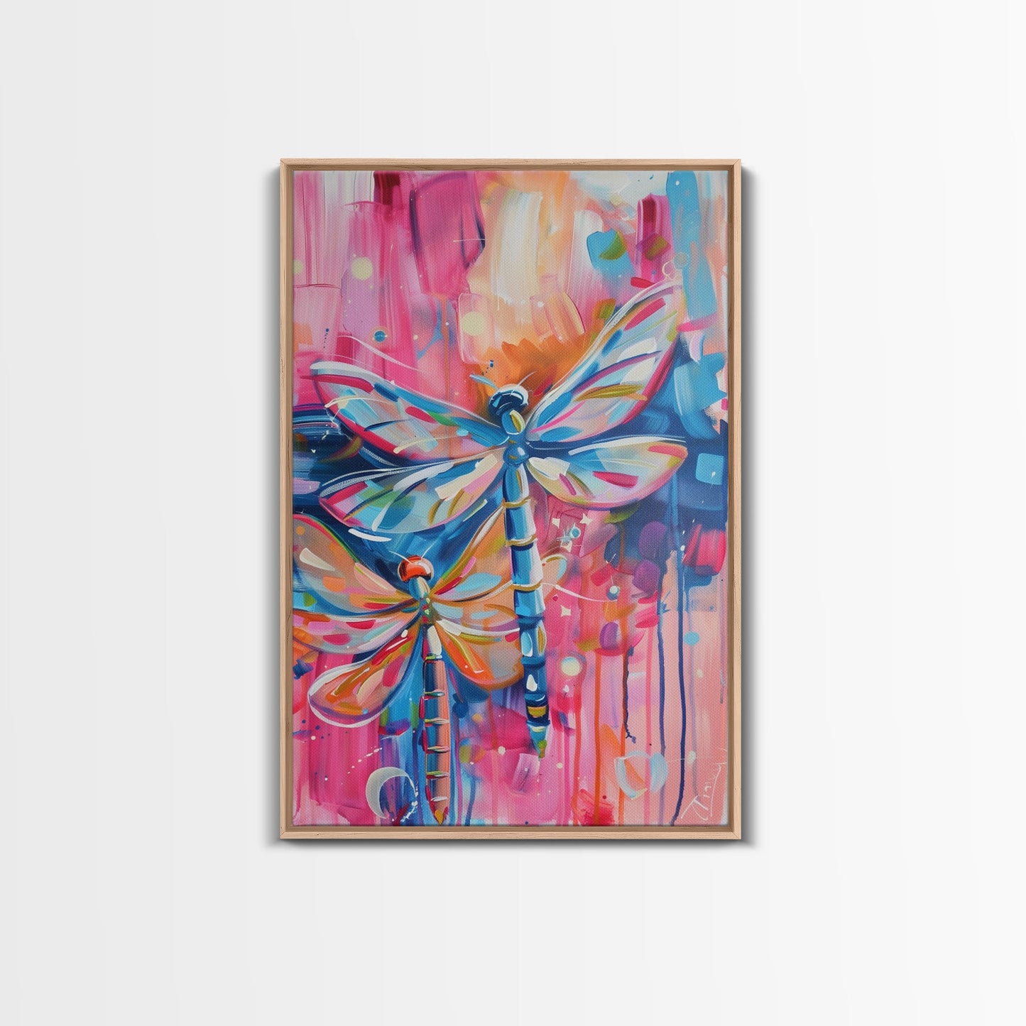 Vibrant Dragonflies in Abstract Background - Framed Canvas Print, Nature-Inspired Art, Colorful Insect Decor, Living Room Wall Art