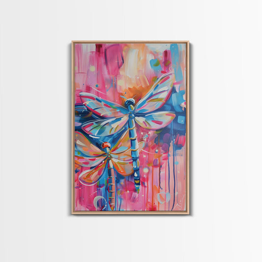 Vibrant Dragonflies in Abstract Background - Framed Canvas Print, Nature-Inspired Art, Colorful Insect Decor, Living Room Wall Art