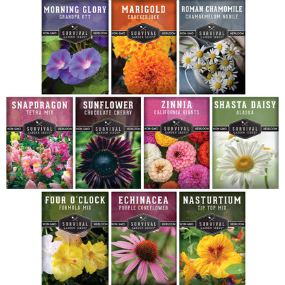 10-Variety Heirloom Flower Seed Collection – Non-GMO Annuals & Perennials for Colorful, Pollinator-Friendly Gardens