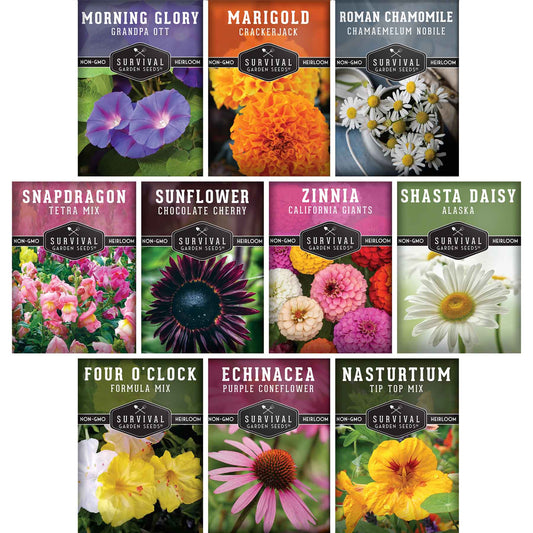 10-Variety Heirloom Flower Seed Collection – Non-GMO Annuals & Perennials for Colorful, Pollinator-Friendly Gardens
