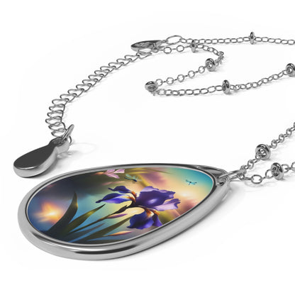 Necklace, Oval, Blue Flag Iris & Dragonflies