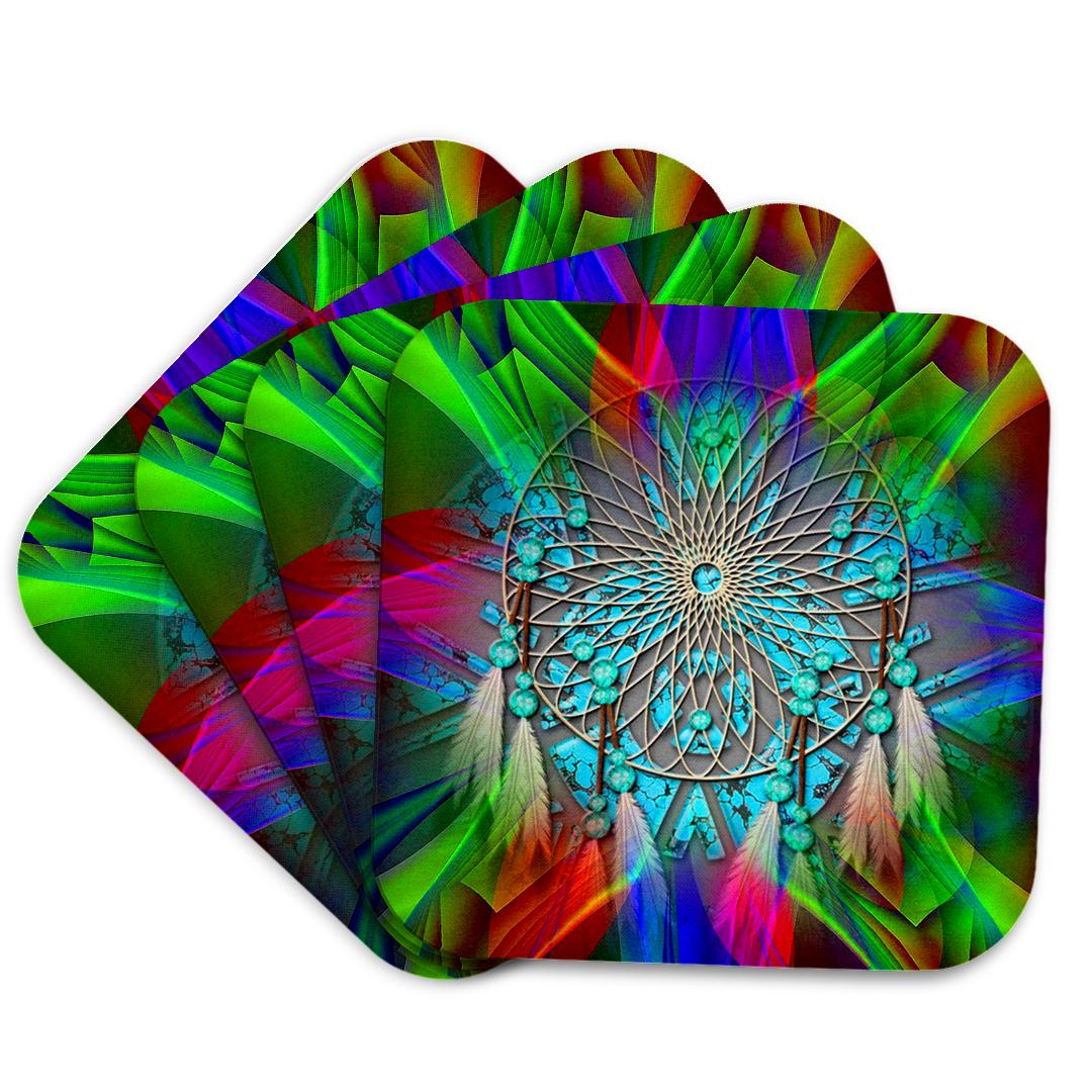 3dRose Spiritual Awakenings Native American Indian - Abstract Bright Fractal Colors with a Indian Dream Catcher - Coasters
