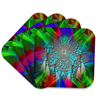 3dRose Spiritual Awakenings Native American Indian - Abstract Bright Fractal Colors with a Indian Dream Catcher - Coasters