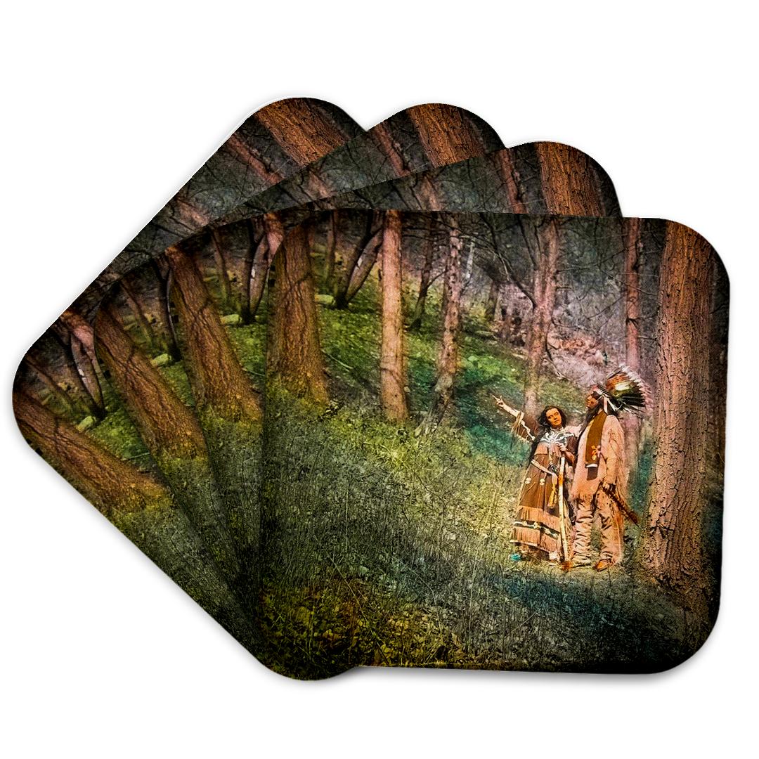 3dRose Scenes from The Past Magic Lantern Slide - Magic Lantern Native Americans in The Woods Vintage - Coasters (CST_240522)