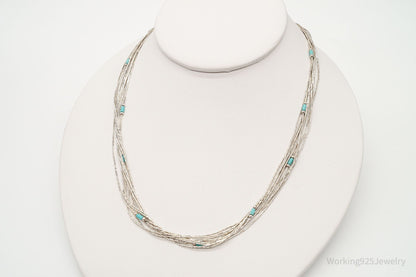 Vintage Native American Blue Turquoise Sterling Silver Bead Necklace 22"