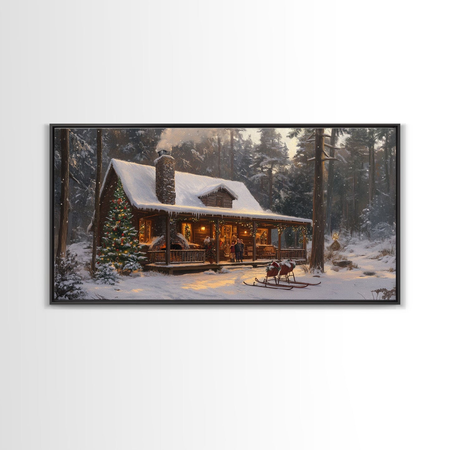 Cozy Christmas Cabin in Woods Framed Canvas Print - Rustic Christmas Decor and Winter Wonderland Scene with Holiday Wall Art