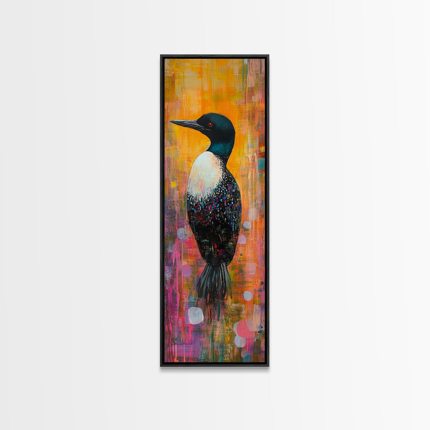 Loon painting, bird art, whimsical art, colorful art, tall narrow art, framed canvas print, moody art, bedroom decor, modern style