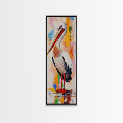 Colorful Pelican, bird art, framed canvas print, whimsical art, vibrant wall art, coastal decor, blue heron painting, rustic art