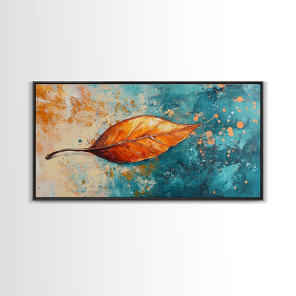 Autumn Leaf, fall painting, teal wall art, botanical prints, moody art, textured painting, gift idea for her, Canvas Print