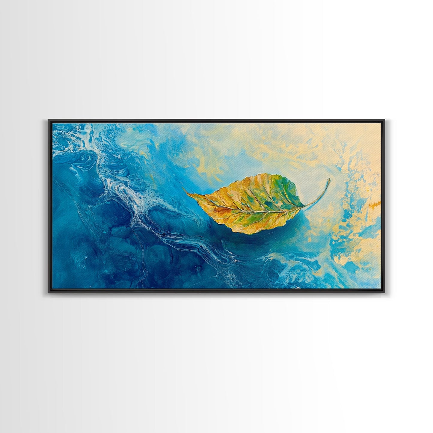 Leaf in Water, blue and green wall art, coastal decor, wabi sabi art, extra wide art, panoramic painting, Canvas Print, gift idea
