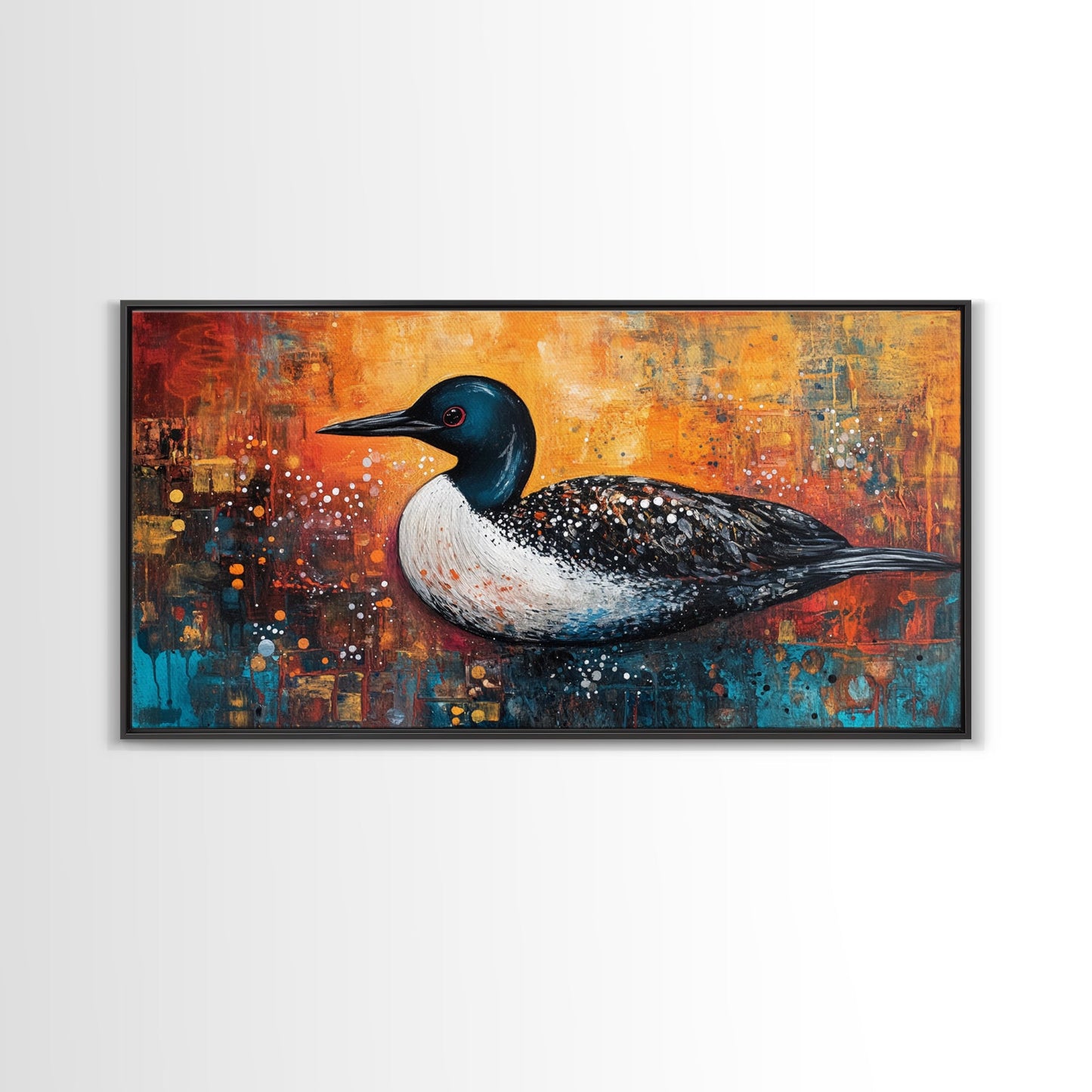 Loon Bird Painting, bird art, wildlife art, nature painting, teal wall art, framed canvas print, lake decor, rustic wall art