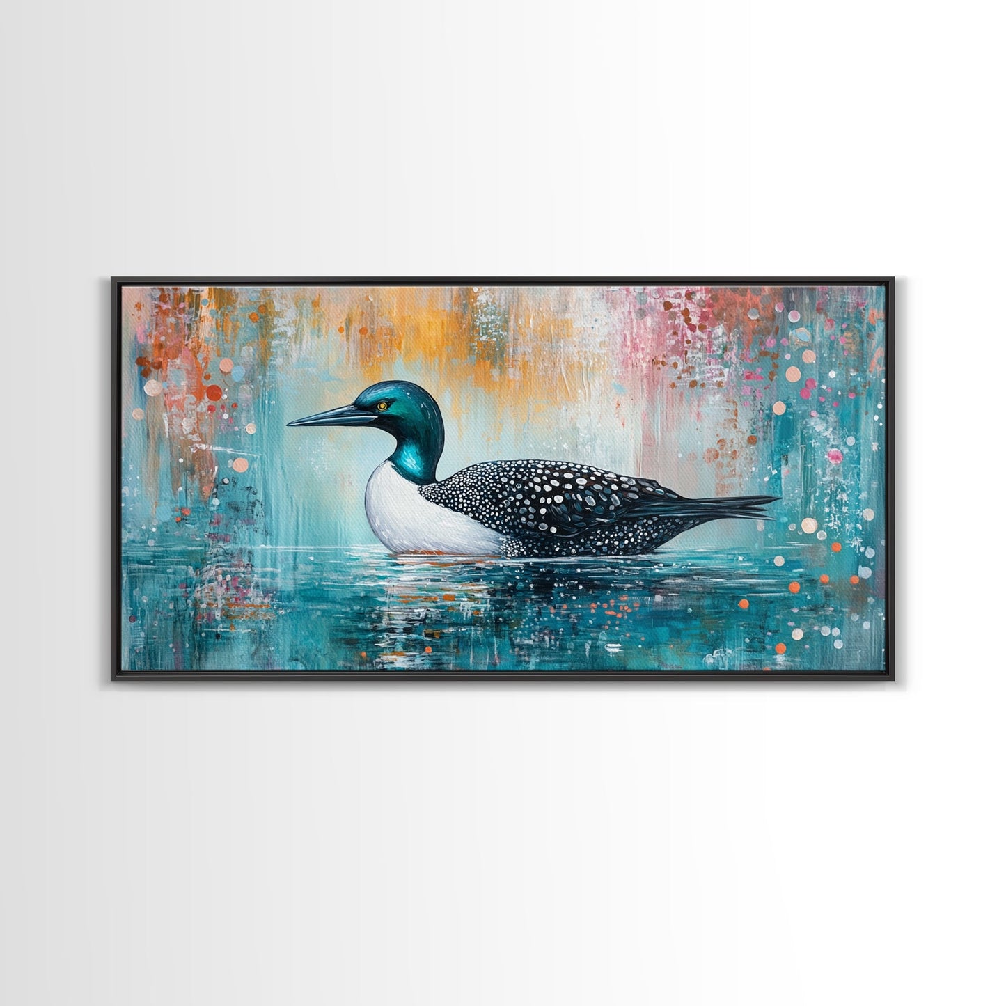Loon Swimming Art, bird art, teal wall art, nature painting, lake decor, moody art, framed canvas print, rustic wall art