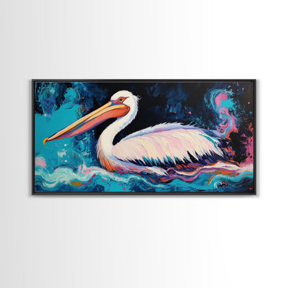 Bird art, pelican painting, framed canvas print, coastal decor, extra wide art, tropical painting, colorful abstract wall art