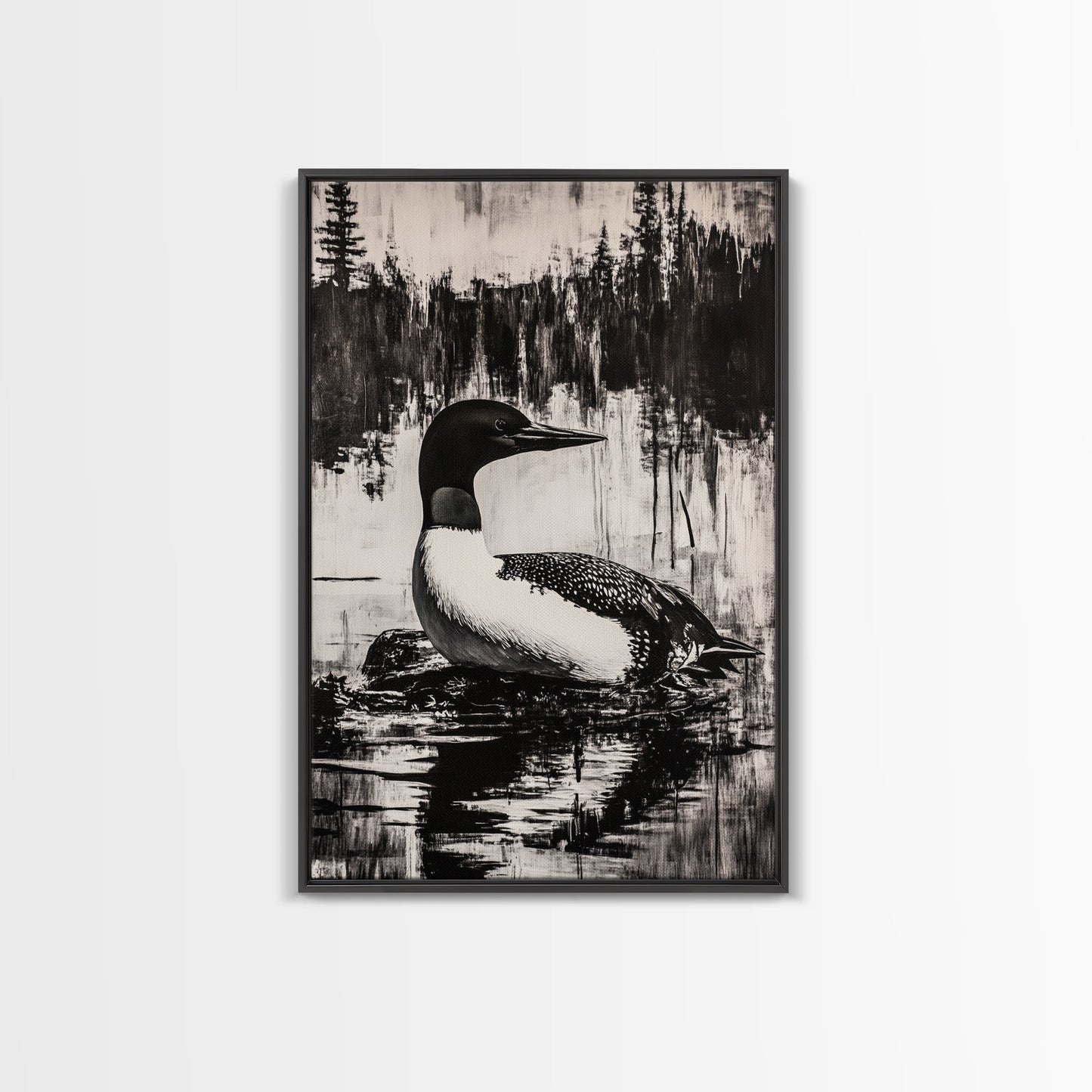 Loon, Lake Reflection, Nature Wall Art, Framed Canvas Print, Black and White Art, Minimalist Decor, Cabin Wall Art, Rustic Home