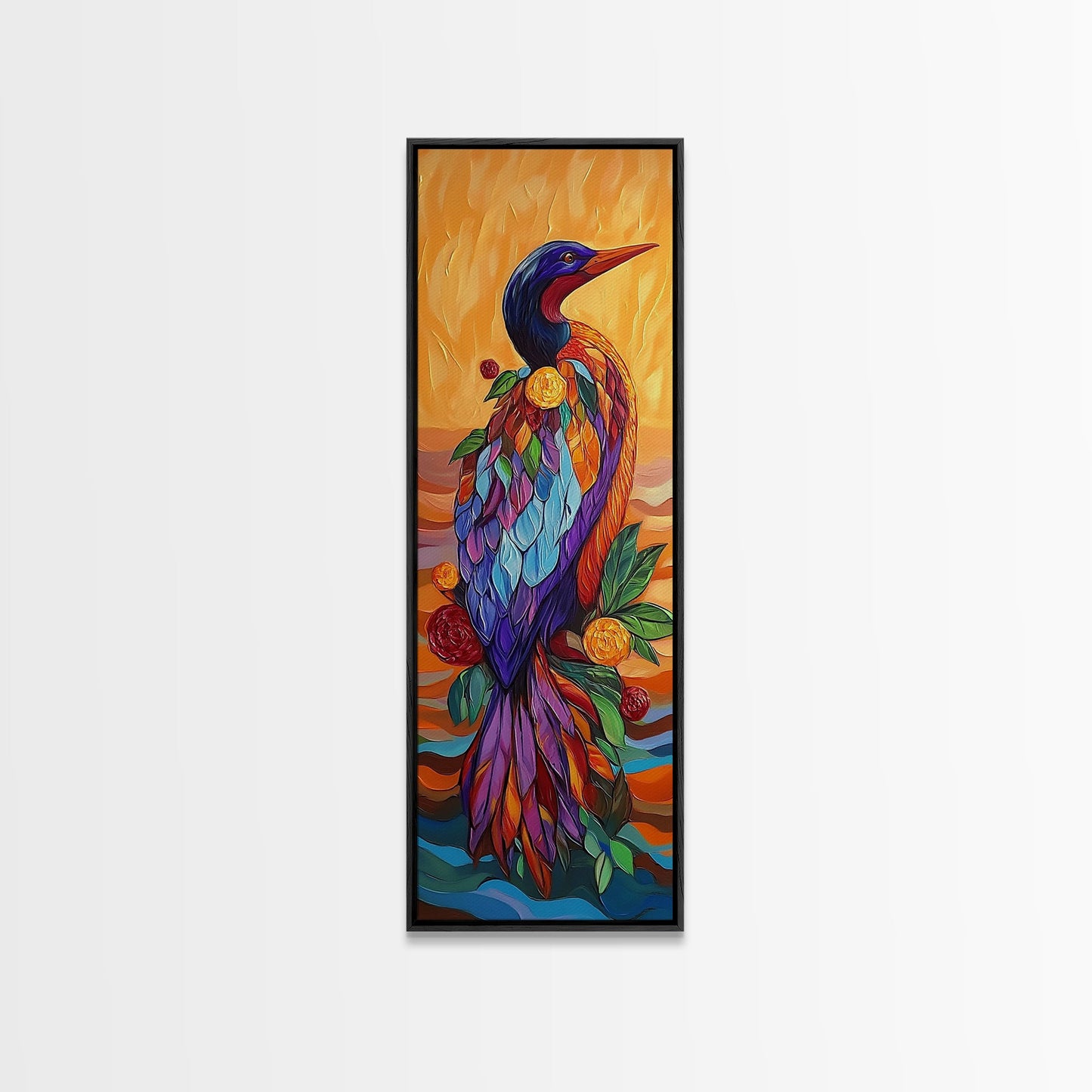 Bird, Colorful, Floral, Elegant, Framed Canvas Print exotic bird painting living room wall art bold colorful feathers tropical boho art
