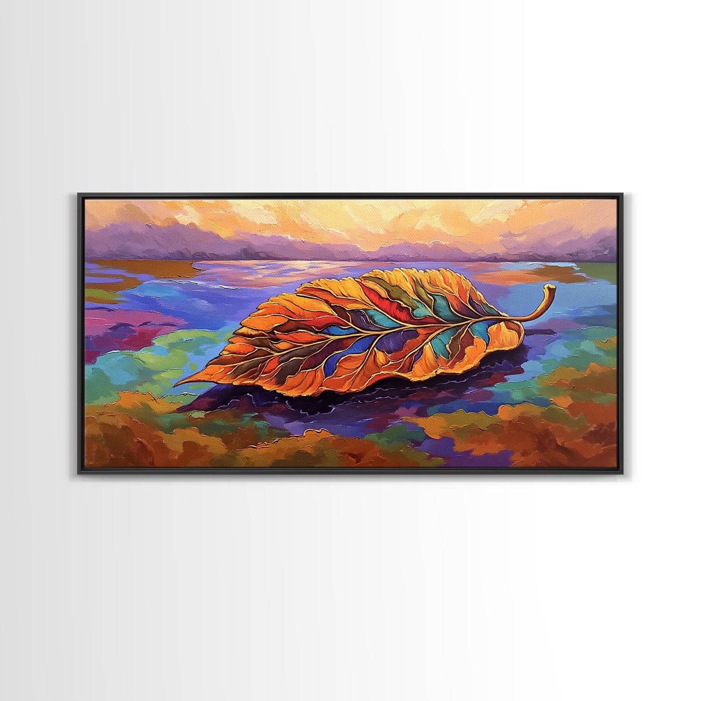 Leaf Autumn, Abstract, Abstract multicolor leaf on vibrant landscape background, Framed Canvas Print, Fall seasonal art, leaf print
