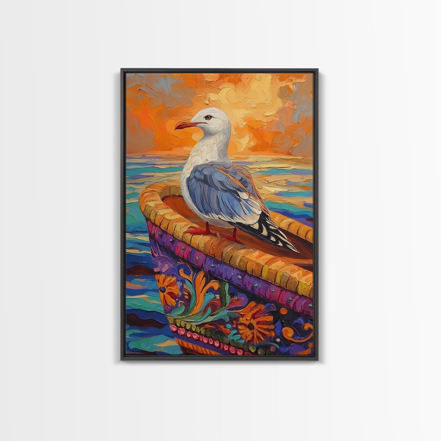 Seagull View, Coastal Bird, Sunset Sky, Ocean Perch, Framed Canvas Print, nautical bird art, hallway wall decor, seagull boho art