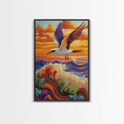Flying Bird Sunset, Colorful Ocean Waves, Tropical Wildlife Art, Canvas Print, Boho Nature Decor, Fall Wall Accent, Vibrant Scene