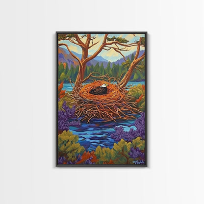 Eagle Nest, Forest, Lake, Canvas Print, rustic wildlife art, bald eagle decor, nature lodge wall art, cozy cabin Living Room theme