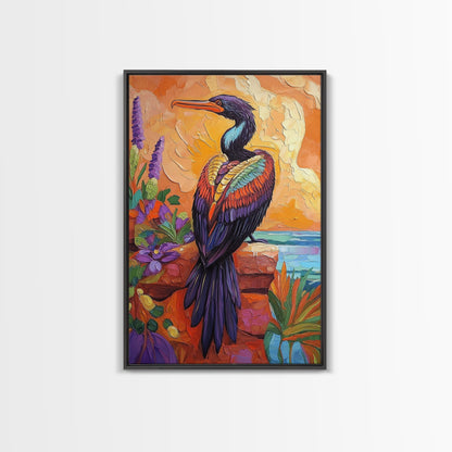 Bird, Tropical, Nature, Colorful, Framed Canvas Print, Exotic bird painting with vivid feathers, ideal eclectic living room wall art