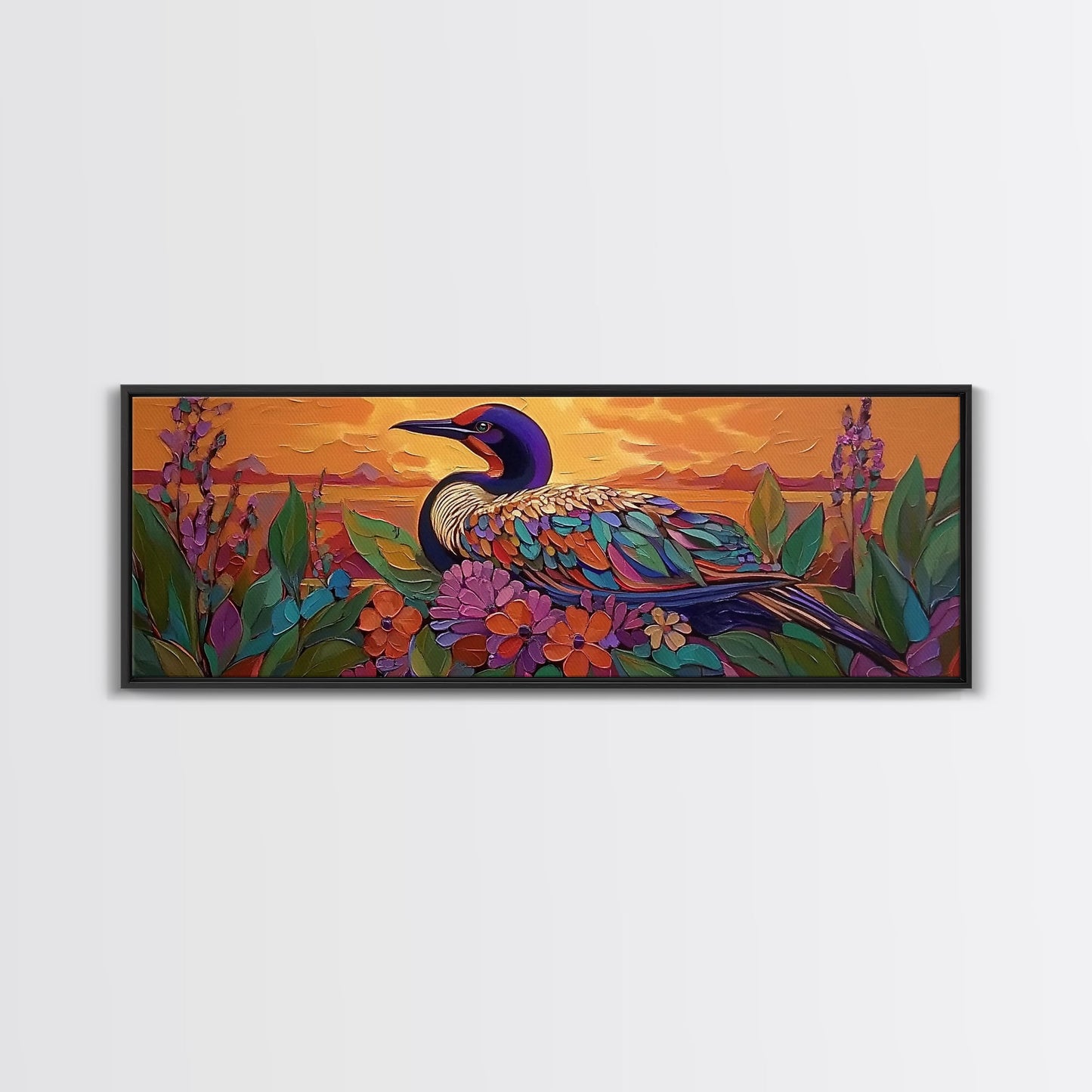 Sunset Bird, Floral Loon, Vibrant Nature, Colorful Wildlife, Canvas Print, cabin wall art, rustic boho art, birdwatcher gift