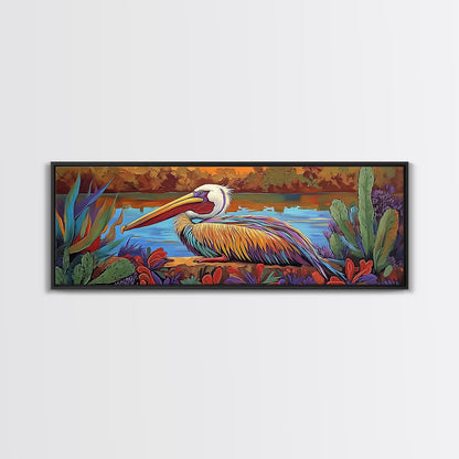 Colorful Pelican, Tropical Bird, Lake Wildlife, Autumn Palette, Framed Canvas Print, Boho Nature Wall Art, Dining Room Bird Artwork