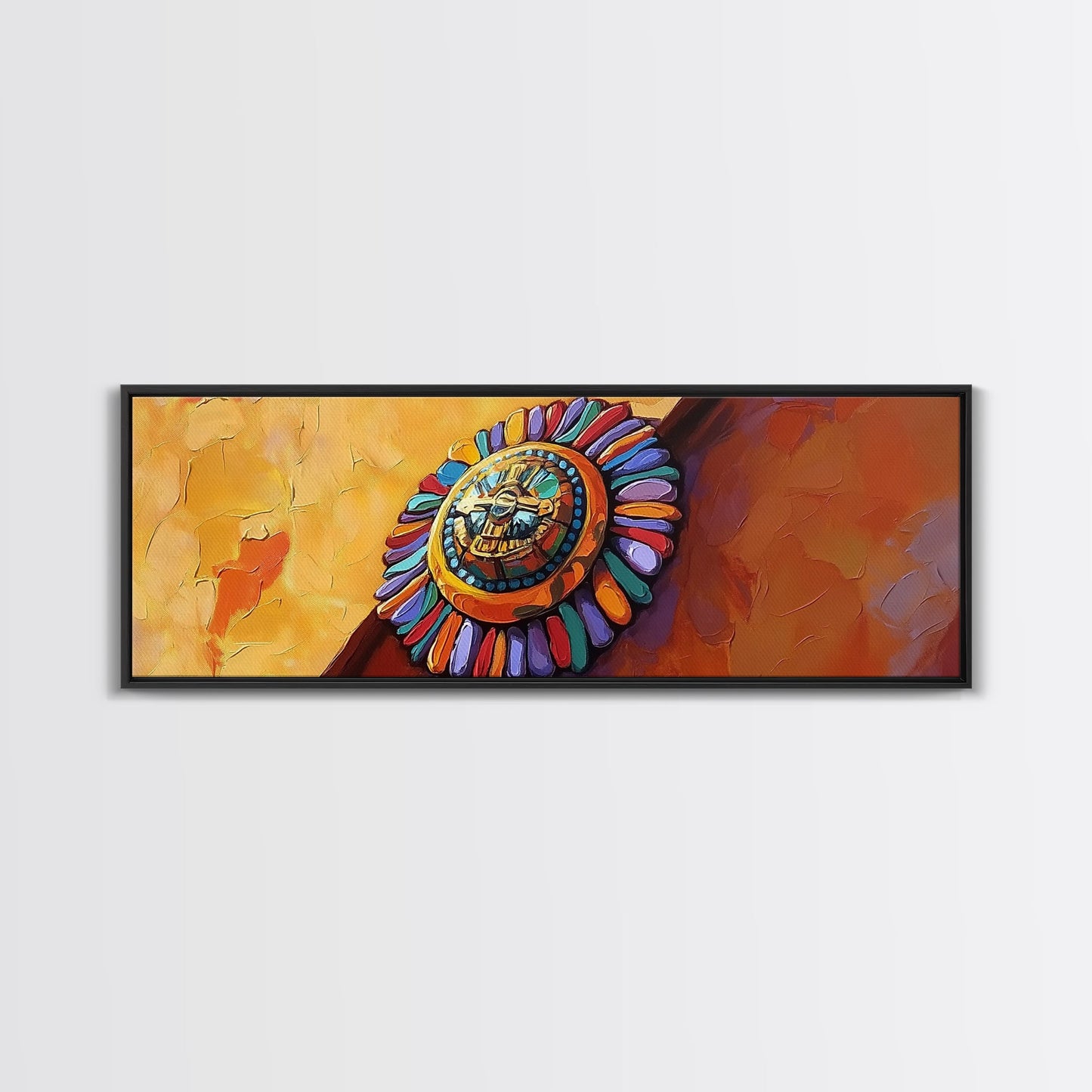 Aztec Sun Symbol, Bold Tribal Accent, Southwest Vibe Art, Native Motif Wall, Framed Canvas Print, Entryway Ethnic Boho Decor