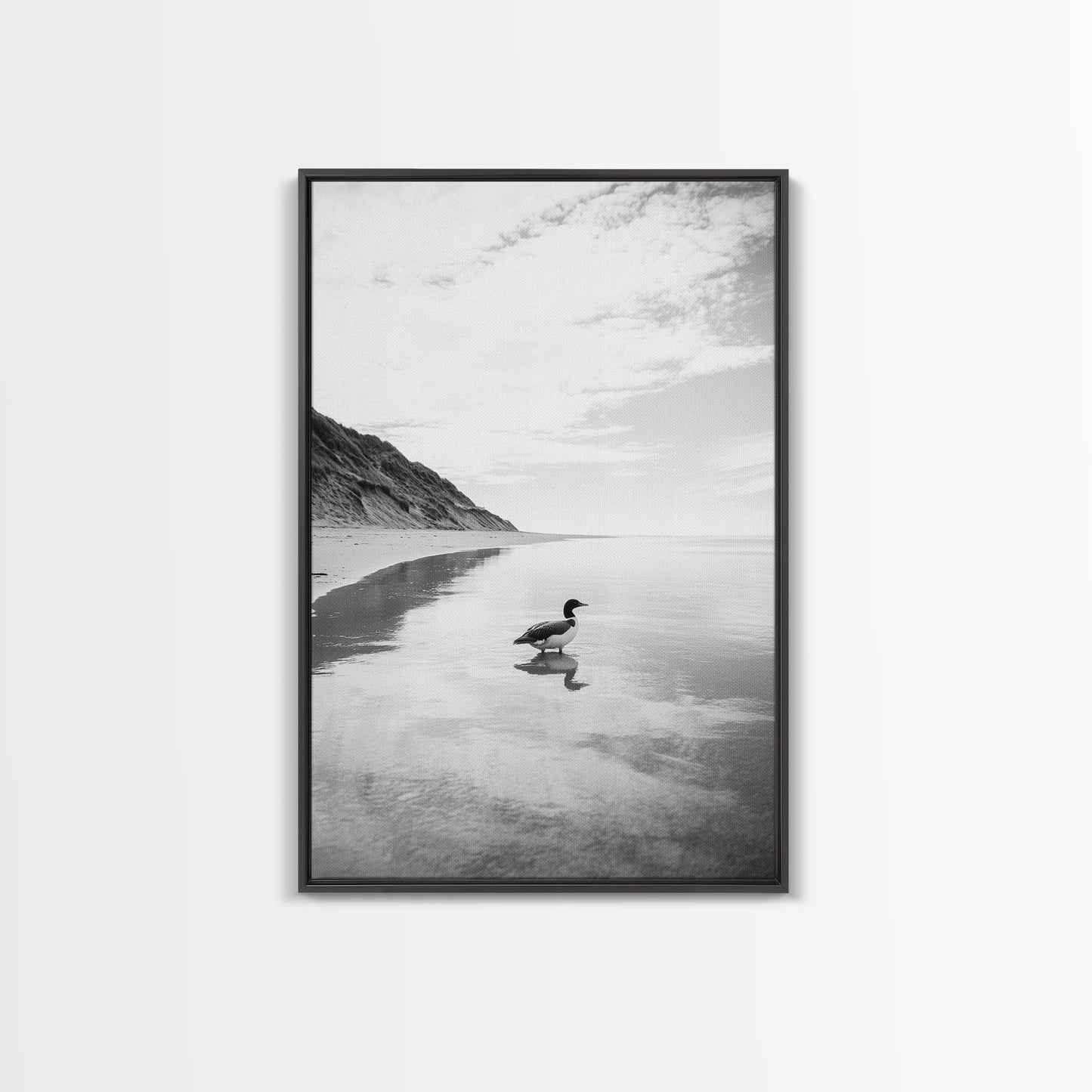 Lone Loon, Quiet Reflection, Coastal Bird, Framed Canvas Print, Nature Wall Art, Bathroom Decor, Serene Black and White Art