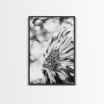 Feather Headdress, Native Style, Tribal Detail, Canvas Print, Boho Wall Decor, Cultural Art, Bedroom Accent, Earthy Minimalism