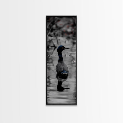 Blue Loon, Water Reflection, Elegant Bird, Lake Life Framed Canvas Print, cabin decor, nature wall art, minimalist bird art, office wall art