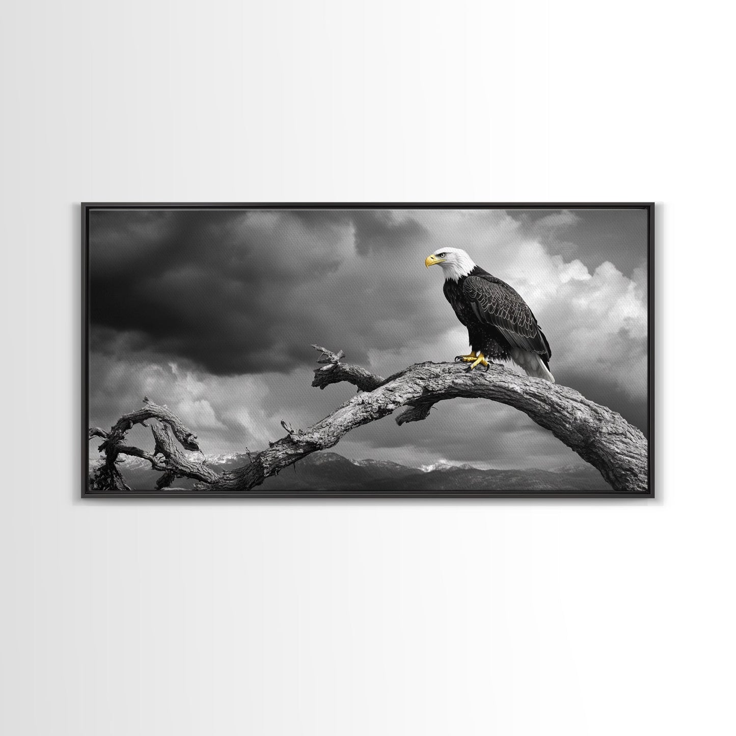 Eagle, Branch, Storm, Power and grace collide in this Framed Canvas Print of a majestic eagle perched before a storm, Living Room Wall Art