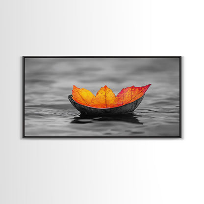 Autumn Leaf, Floating Bowl, Red Yellow Decor, Framed Canvas Print, Cozy Fall Art, Thanksgiving Wall Art, Kitchen Decor, Minimalist Style