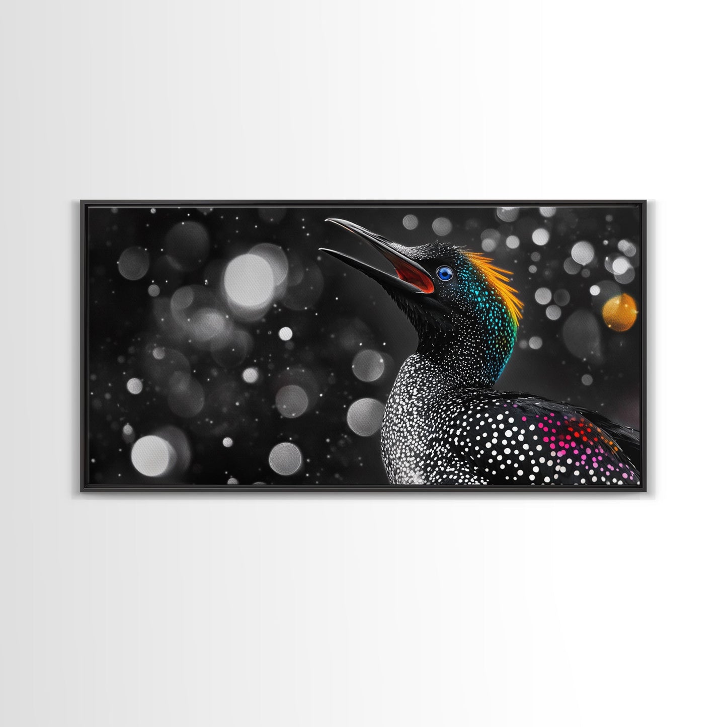 Singing Bird, Neon Plumage, Colorful Sparkle, Starry Night, Framed Canvas Print, Eclectic Art, Office Wall Art, Bright Animal Design