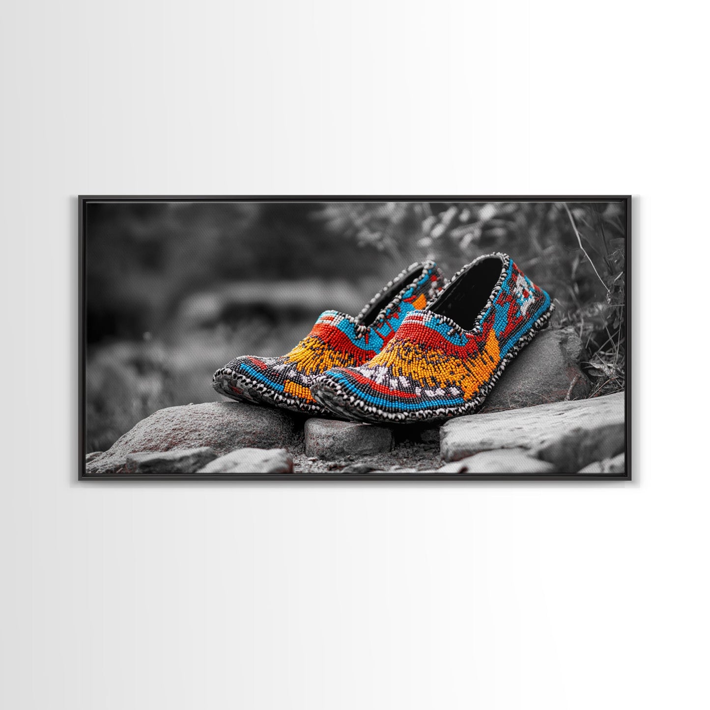 Native Beaded Shoes, Color Pop, Bohemian Style, Tribal Art, Framed Canvas Print, Rustic Wall Art, Entryway Decor, Ethnic Home Accent