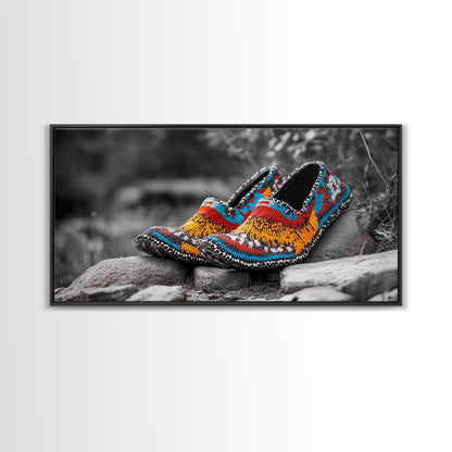 Native Beaded Shoes, Color Pop, Bohemian Style, Tribal Art, Framed Canvas Print, Rustic Wall Art, Entryway Decor, Ethnic Home Accent
