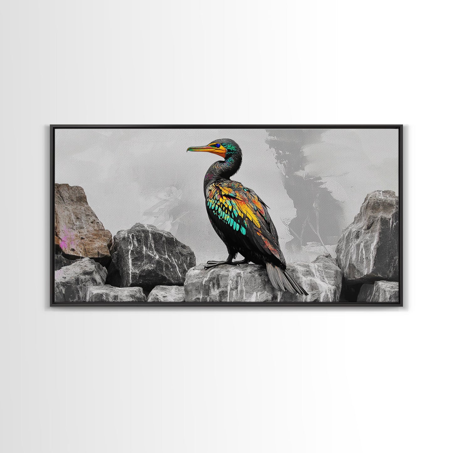 Vibrant Sea Bird, Colorful Wildlife Perch, Artistic Bird Feathers, Framed Canvas Print, Nature Wall Art, Office Decor, Boho Animal Style