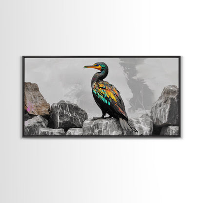 Vibrant Sea Bird, Colorful Wildlife Perch, Artistic Bird Feathers, Framed Canvas Print, Nature Wall Art, Office Decor, Boho Animal Style
