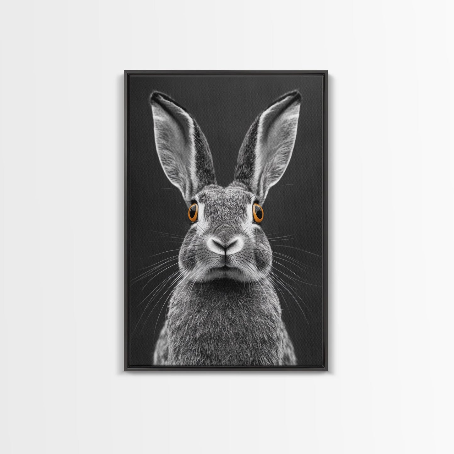 Wide Eyed Rabbit, Animal Portrait, Monochrome Humor, Framed Canvas Print, Nursery Wall Art, Whimsical Minimalist Decor, Funny Gift
