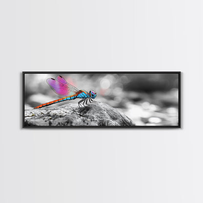Neon Dragonfly, Nature Insect, Color Burst, Macro Beauty — Framed Canvas Print, Modern Boho Art, Bedroom Wall Art, Nature Photography