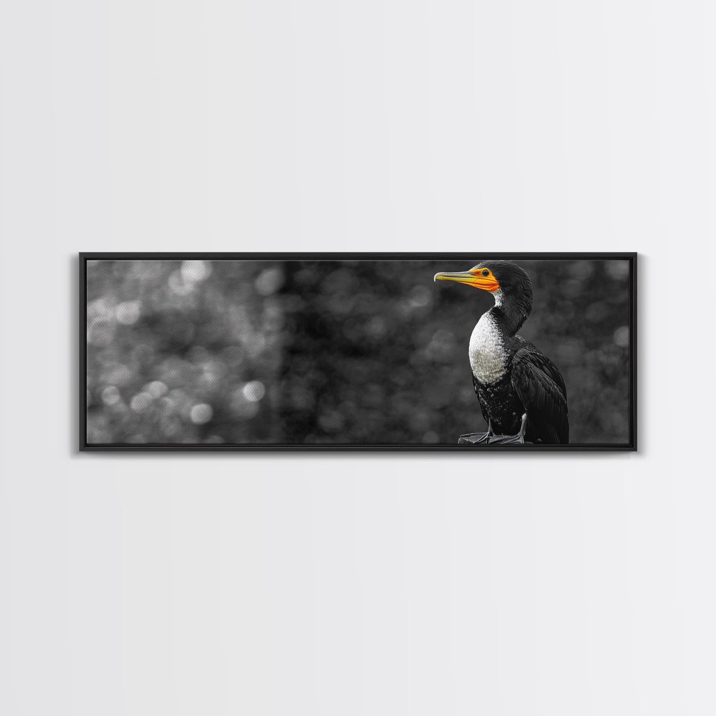 Black White Bird, Orange Beak Detail, Minimal Nature Portrait, Framed Canvas Print, Rustic Wall Art, Study or Cabin Decor