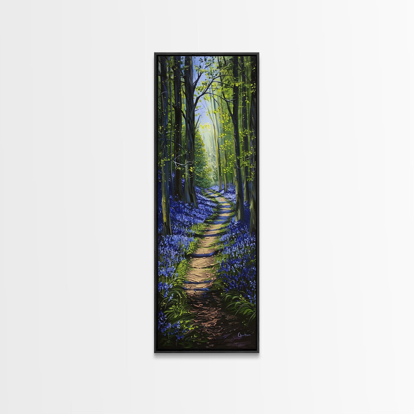 Pathway Through Enchanting Bluebell Woods in Tall Skinny Art Framed Canvas Print for Peaceful Wall Decor and Interior Design