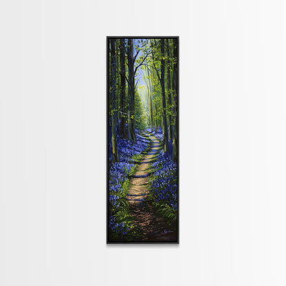 Pathway Through Enchanting Bluebell Woods in Tall Skinny Art Framed Canvas Print for Peaceful Wall Decor and Interior Design
