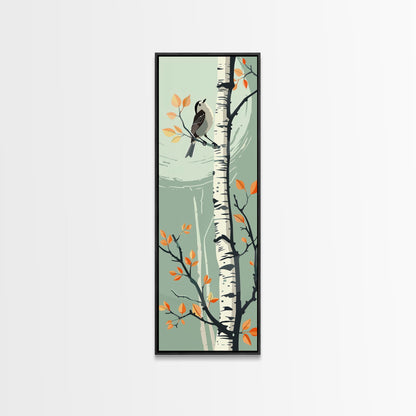 Skinny Art Bird On Birch Tree In Japanese Style Wood Block Print Autumn Tones On Framed Canvas Print, Tall Art Ukiyo-e