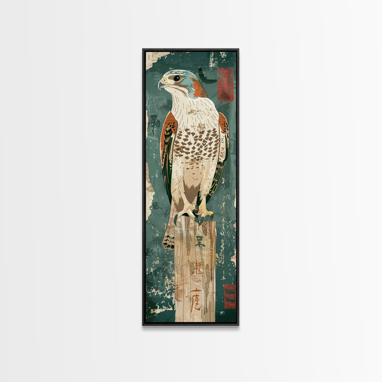 Majestic Hawk Perched On Weathered Stump Textured Background Skinny Art Tall Art Framed Canvas Print Japanese Style Art Ukiyo-e Art Wood Block Print