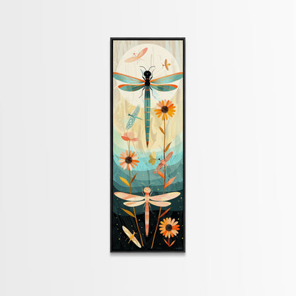 Dragonfly Gathering Night Glow Vibrant Colors Skinny Art Tall Art Framed Canvas Print Japanese Style Art Ukiyo-e Art Wood Block Print Insect Art