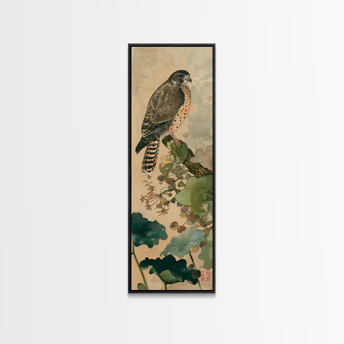 Majestic Hawk Perched Among Verdant Foliage Ukiyo-e Tall Skinny Wood Block Framed Canvas Print Japanese Style Art