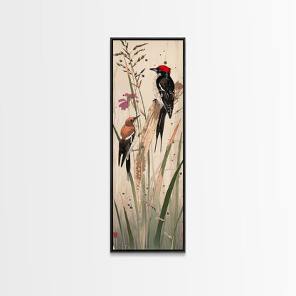Detailed Woodpeckers Perched On Stems Amid Nature For Rustic Wall Art Ukiyo-e Japanese Style Art Skinny Framed Canvas Print