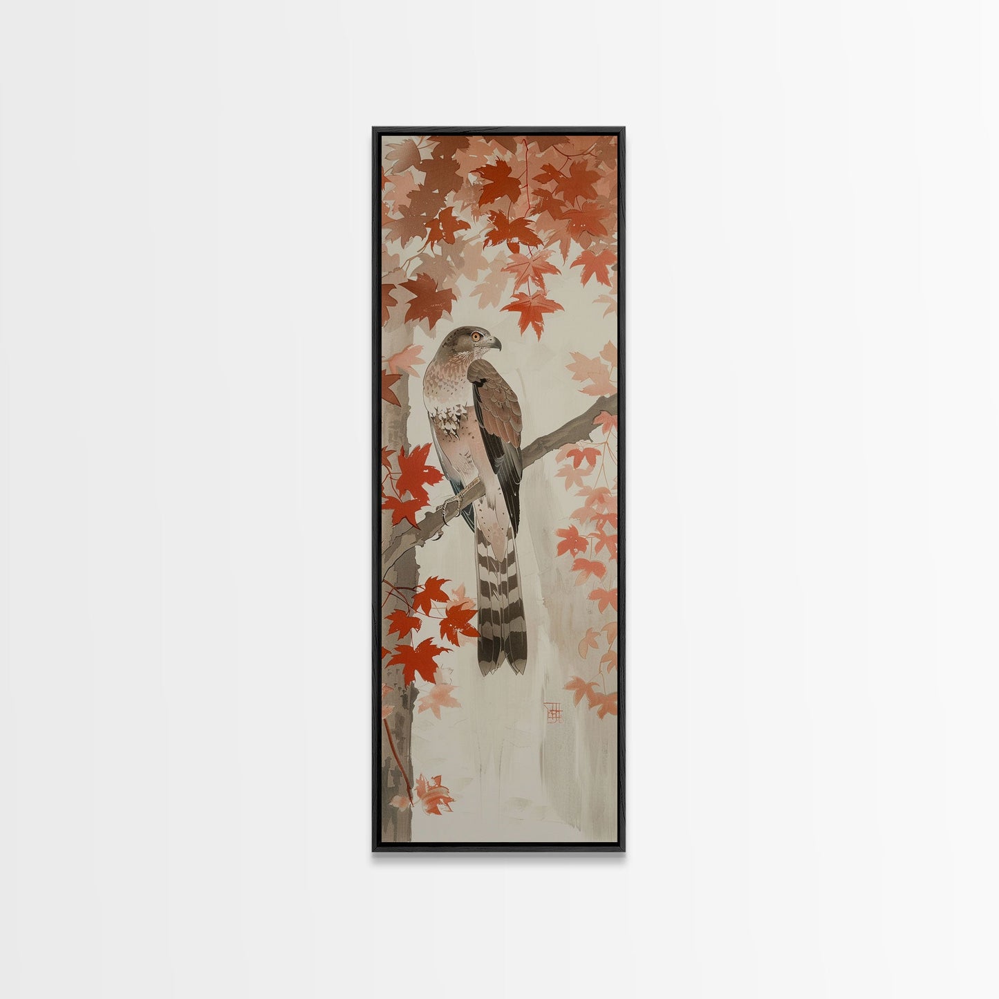 Majestic Hawk Perched Among Autumn Leaves, Framed Canvas Print In Skinny Tall Style, Japanese Style Art For Feng Shui Wall Art