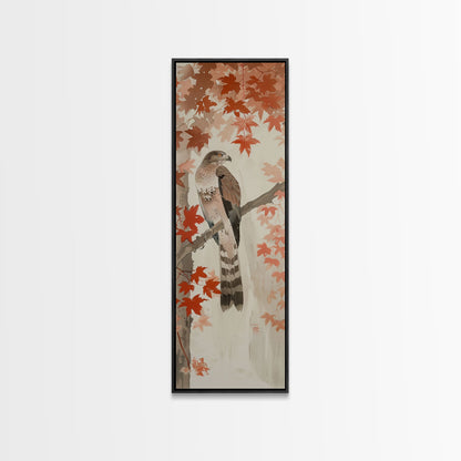 Majestic Hawk Perched Among Autumn Leaves, Framed Canvas Print In Skinny Tall Style, Japanese Style Art For Feng Shui Wall Art