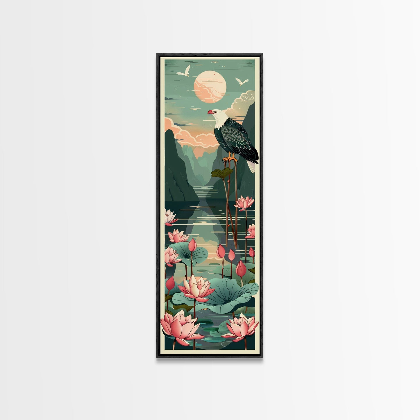 Majestic Eagle Over Lotus Pond Skinny Art Tall Art Japanese Ukiyo-e Inspired Nature Framed Canvas Print for Home and Office